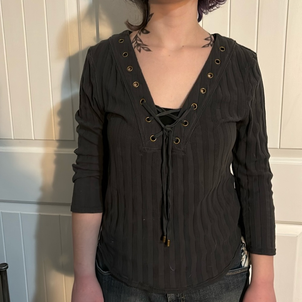 Free people ribbed textured 3/4 sleeve shirt, gray Size: L large